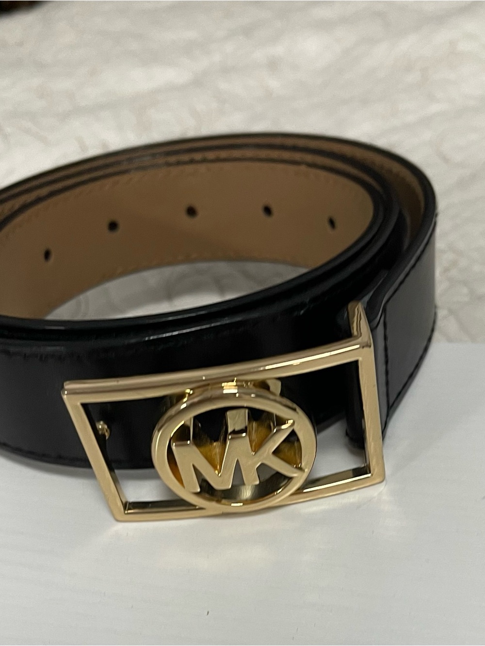 Michael Kors Black Leather Belt with Gold MK Logo Buckle